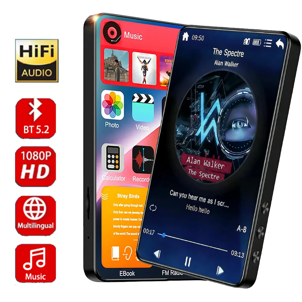 

Музыкальный плеер MP3 128 ГБ, 4 дюйма, HD, с сенсорным экраном, Bluetooth 5.2, Walkman, встроенный динамик, FM-радио, запись, чтение электронных книг