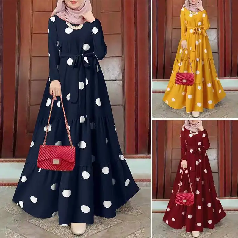 

Dress Muslim Casual Temperament Big Polka Dot Print Round Neck Pullover Long Sleeved Tie Up Big Swing Robe Spring Summer 2025