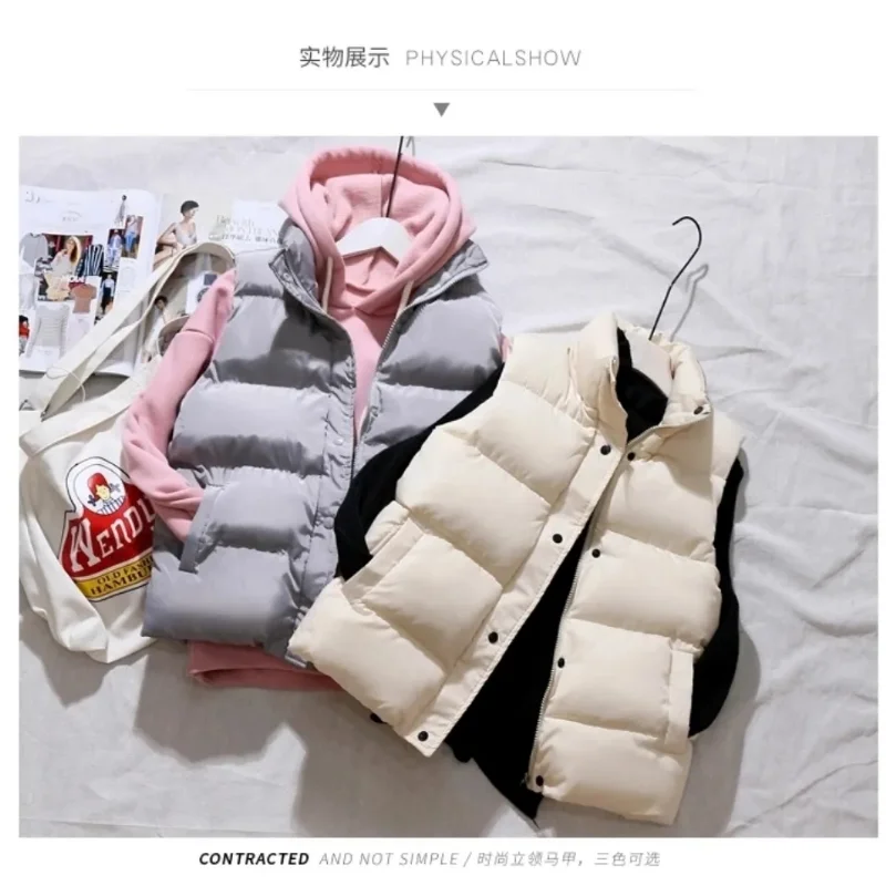 

Casual Stand Collar Short Down Cotton Waistcoat Women Winter Warm Cotton Padded Puffer Vests Sleeveless Parkas Jacket