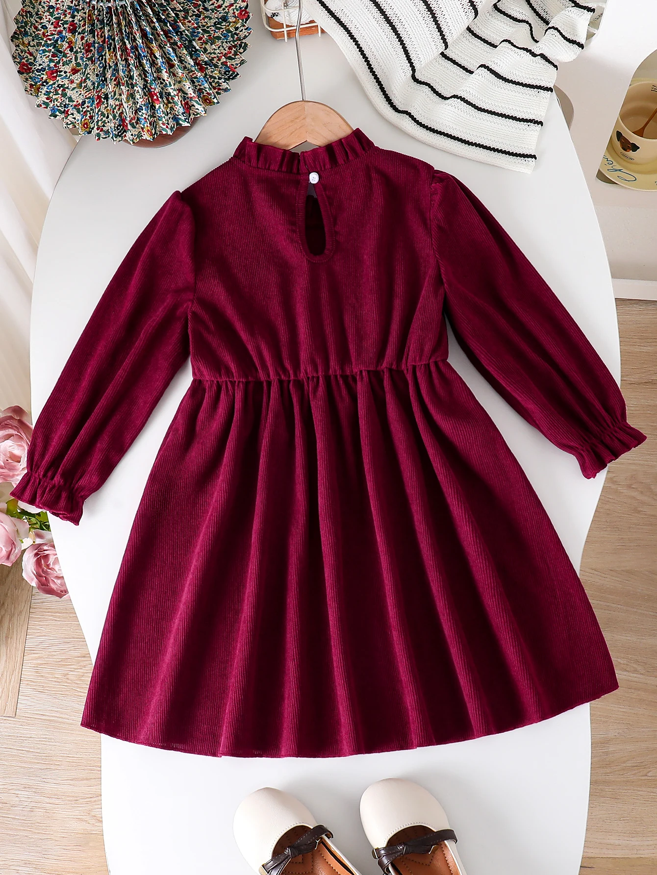Girls Long Sleeve Corduroy Dress for 4-8Y, Ruffle Neck & Cuff Burgundy Ribbed Kids Fall Dress