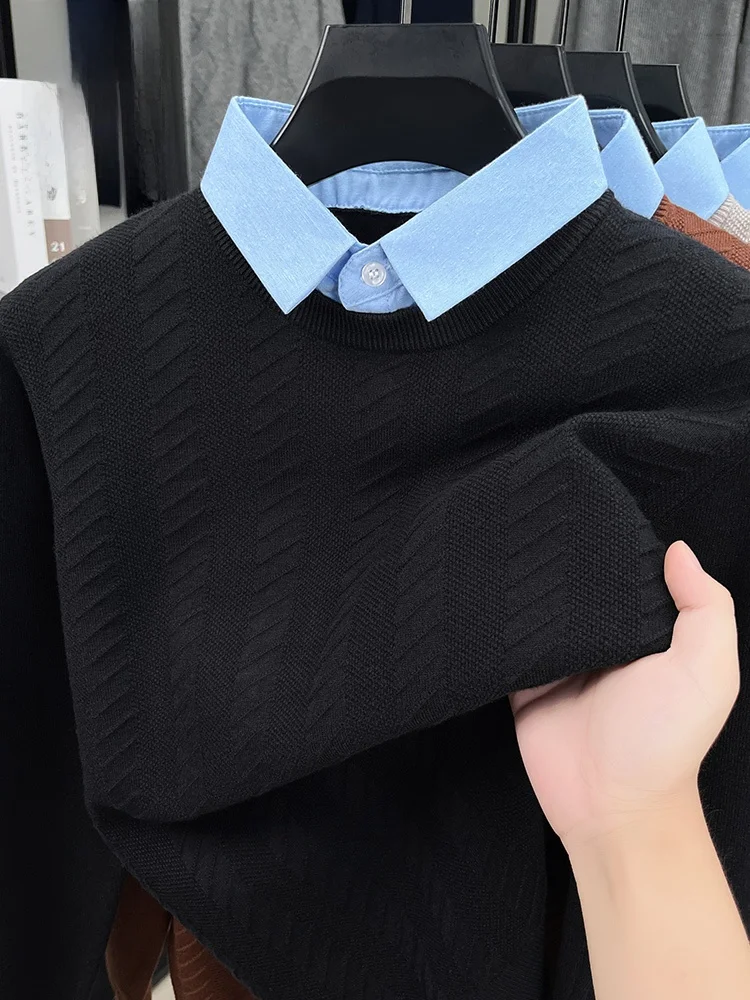 

Rn Men's Knitted irt Casual Busin irt Collar Base Layer Top Fake Two-Piece Autumn New Sle Soft Blend Long Sve