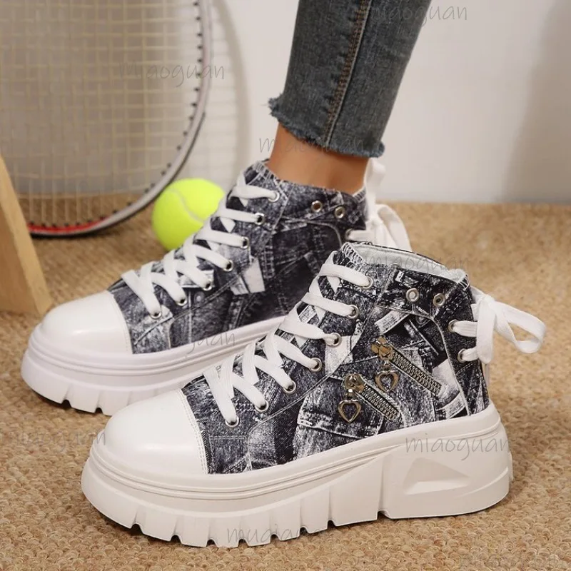 Women Sneakers New Canvas High-top Shoes for Women Denim Sneakers Female Autumn Thick Bottom Heightening Casual Lace Up Tennis