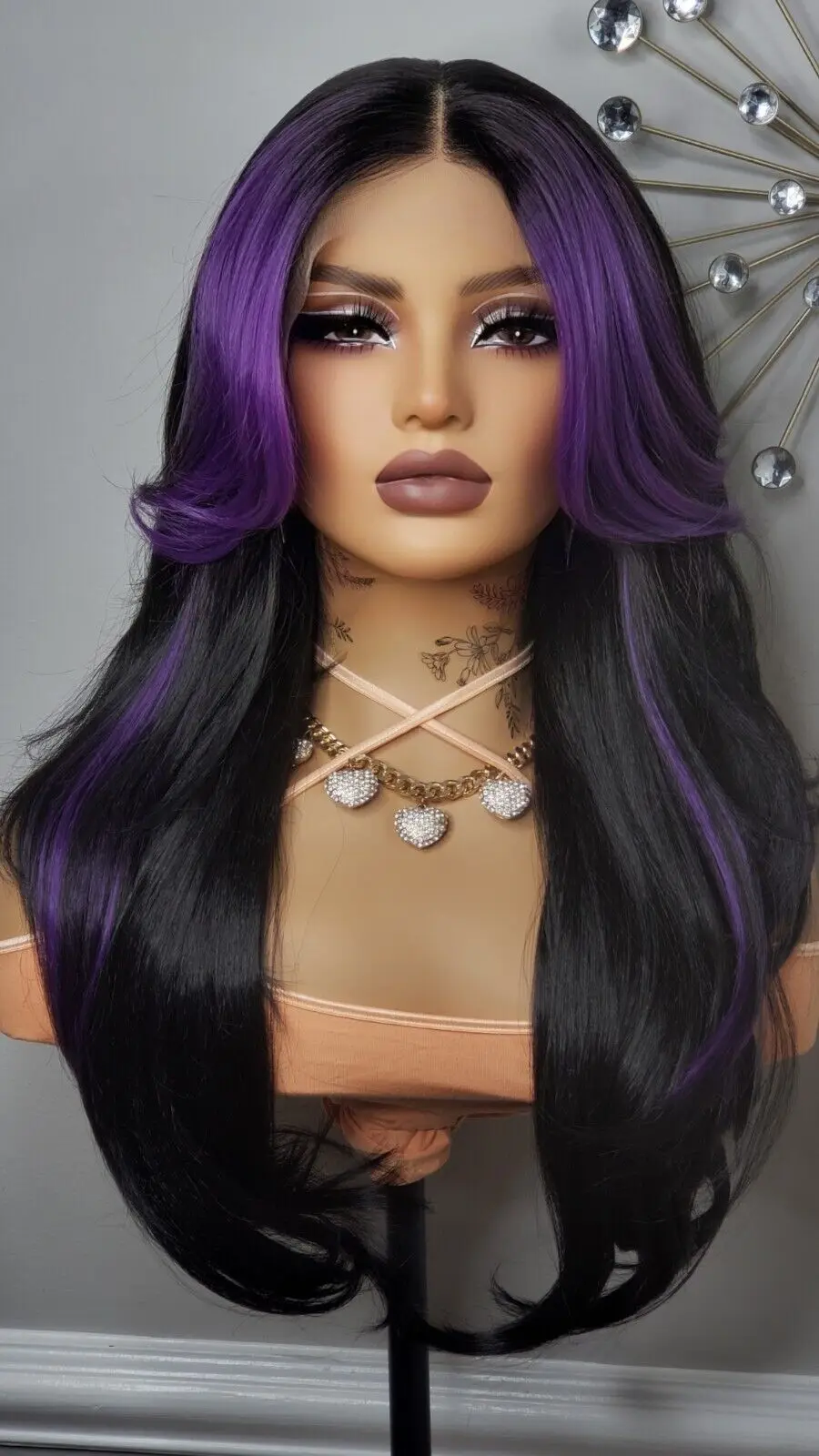New Long Face Framing Curls Layered Style Lace Front Wig Purple Black Hair Women