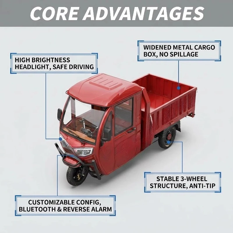 Enclosed Electric Adult Tricycle 1800W 800kg Cargo 3 Wheel Motorcycle with AC Bluetooth Radio Customized OEM T001
