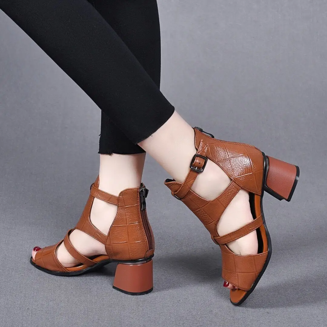 High Heeled Sandals Female 2023 New Summer Fish Mouth Shoes Chunky Heel Roman Back Zipper Sandals Solid Casual Sandales Femmes