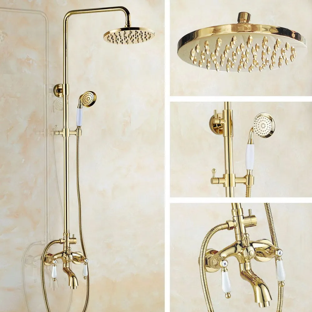 

Golden Brass Rainfall 8" Bath Shower Mixer Faucet Set Wall Mounted with Hand Shower Swivel Tub Spout Shower Taps