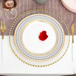Nordic Gold Bead Glass Charger Plate for Dinner Decorative Salad Fruit Service Plate for Wedding Party