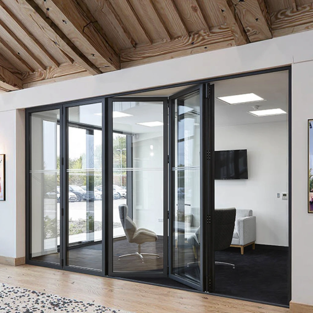 Custom Modern Hurricane Impact Soundproof Double Tempered Glass Aluminum Alloy Exterior Bi-Fold Doors For Courtyard Hotel Hospit