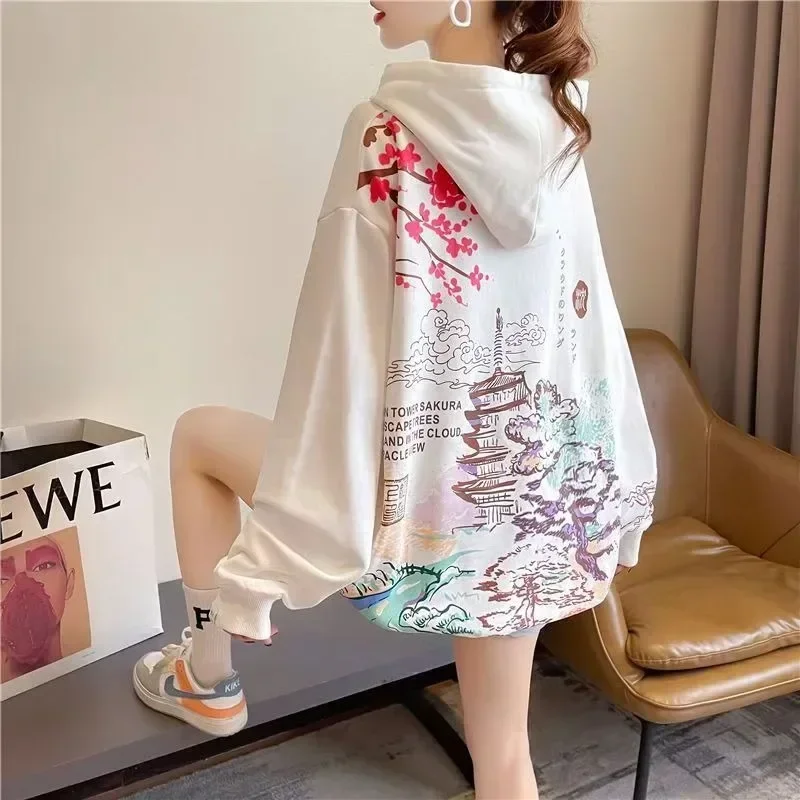 Harajuku Oversized Hoodies Vrouwen Chinese Stijl Gedrukt Herfst Winter Fluwelen Paar Sweatshirt 2022 Lente Streetwear