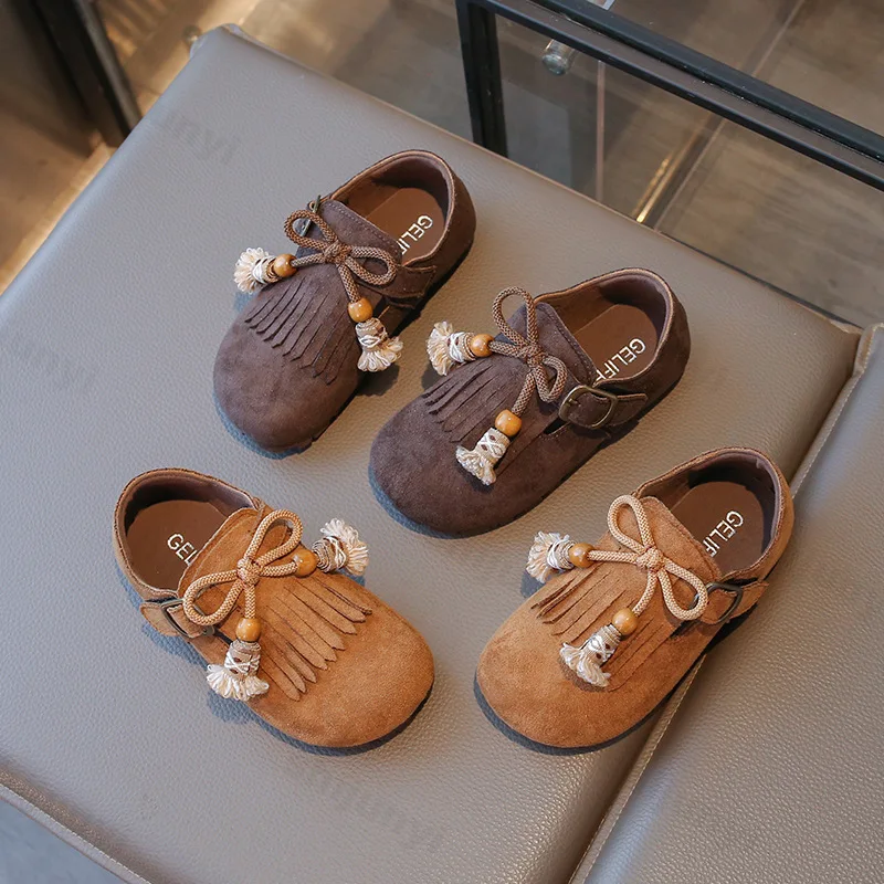 

Children's Casual Shoes Autumn New Girls Fashion Buckle Strap Bow Knot Leather Shoes Fringe Non Slip Soft Sole Comfortable Flats