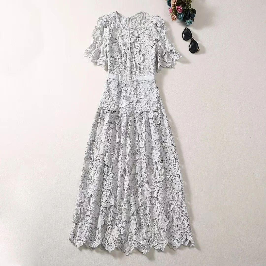 

European and American women's clothes 2024 spring new Round neck Short sleeve hollow lace fashion Pleated dress XXL