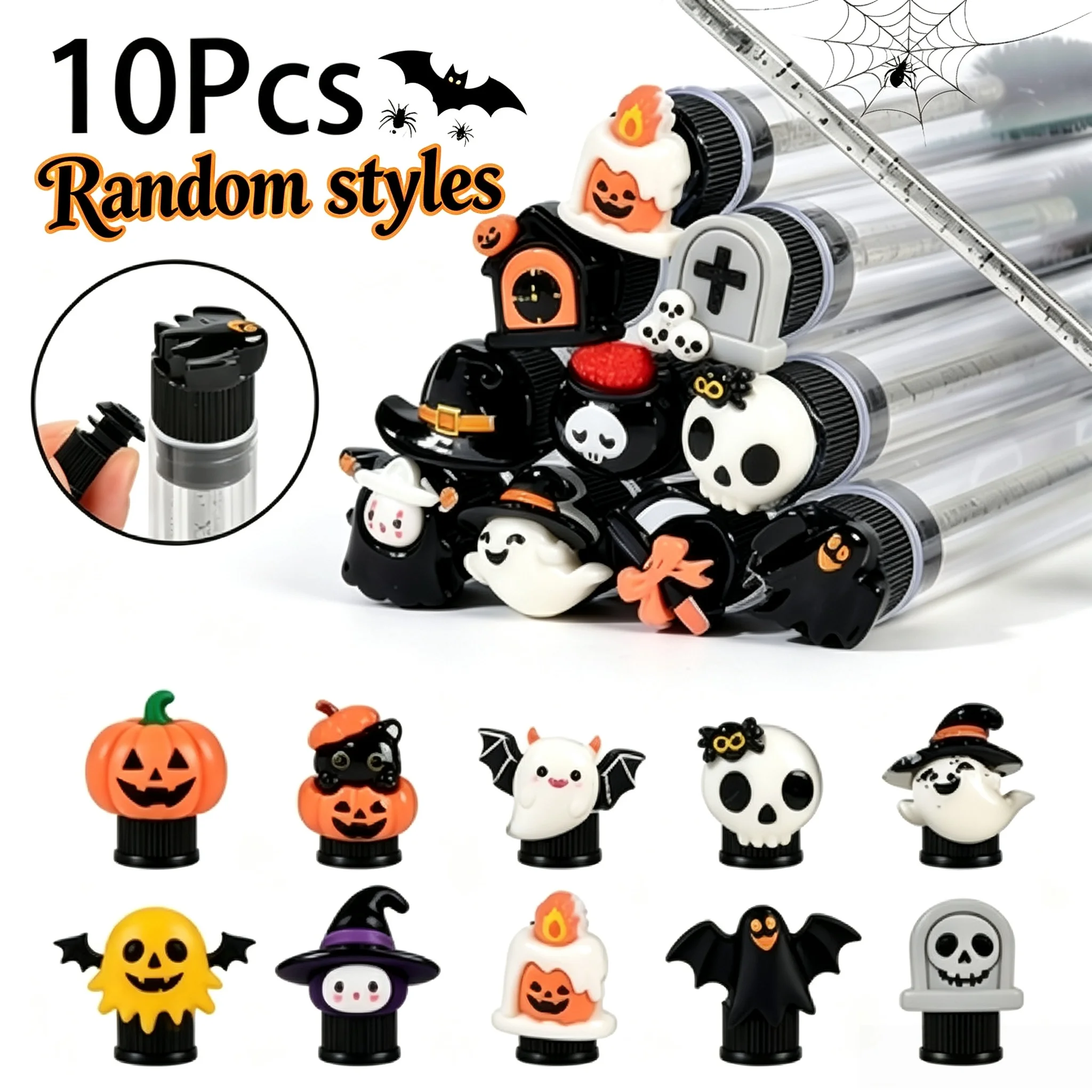 10Pcs Halloween Mascara Wand Tube Spooky Horror Eyelash Spoolie Eyebrow Brush Grooming Kit for Party Cosplay Makeup Tool Set