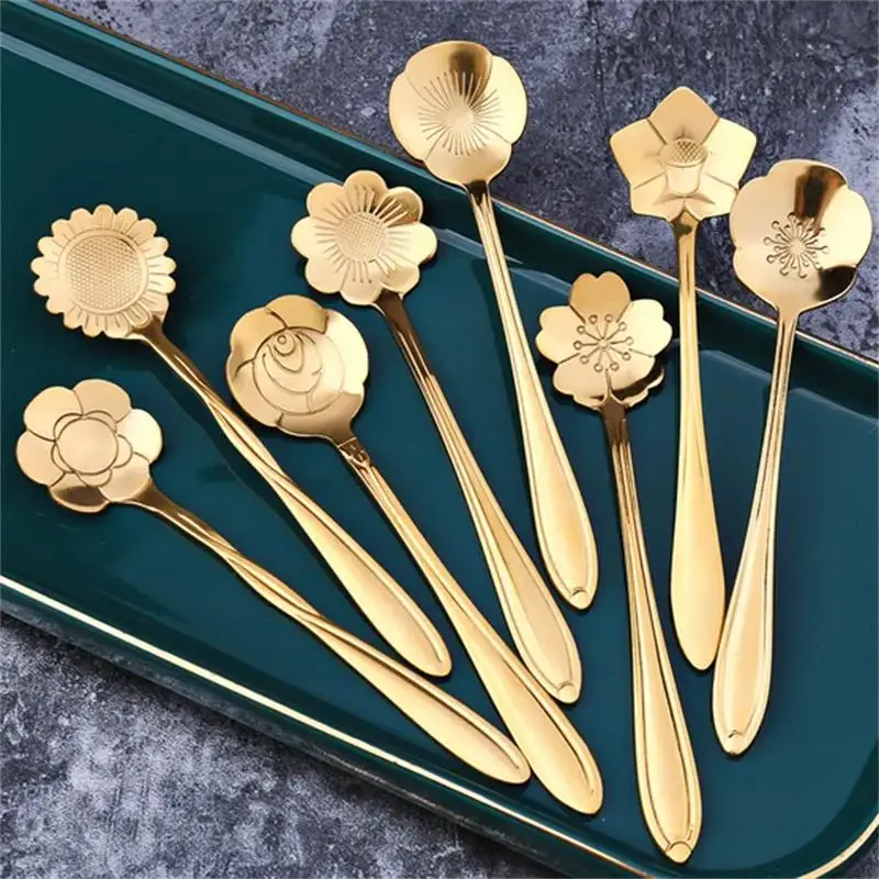 

8Pcs Flower Spoon Set Small Teaspoon Coffee Spoon Cute Ice Cream Dessert Spoon Silver Gold Stainless Steel Spoon For Coffee Tea