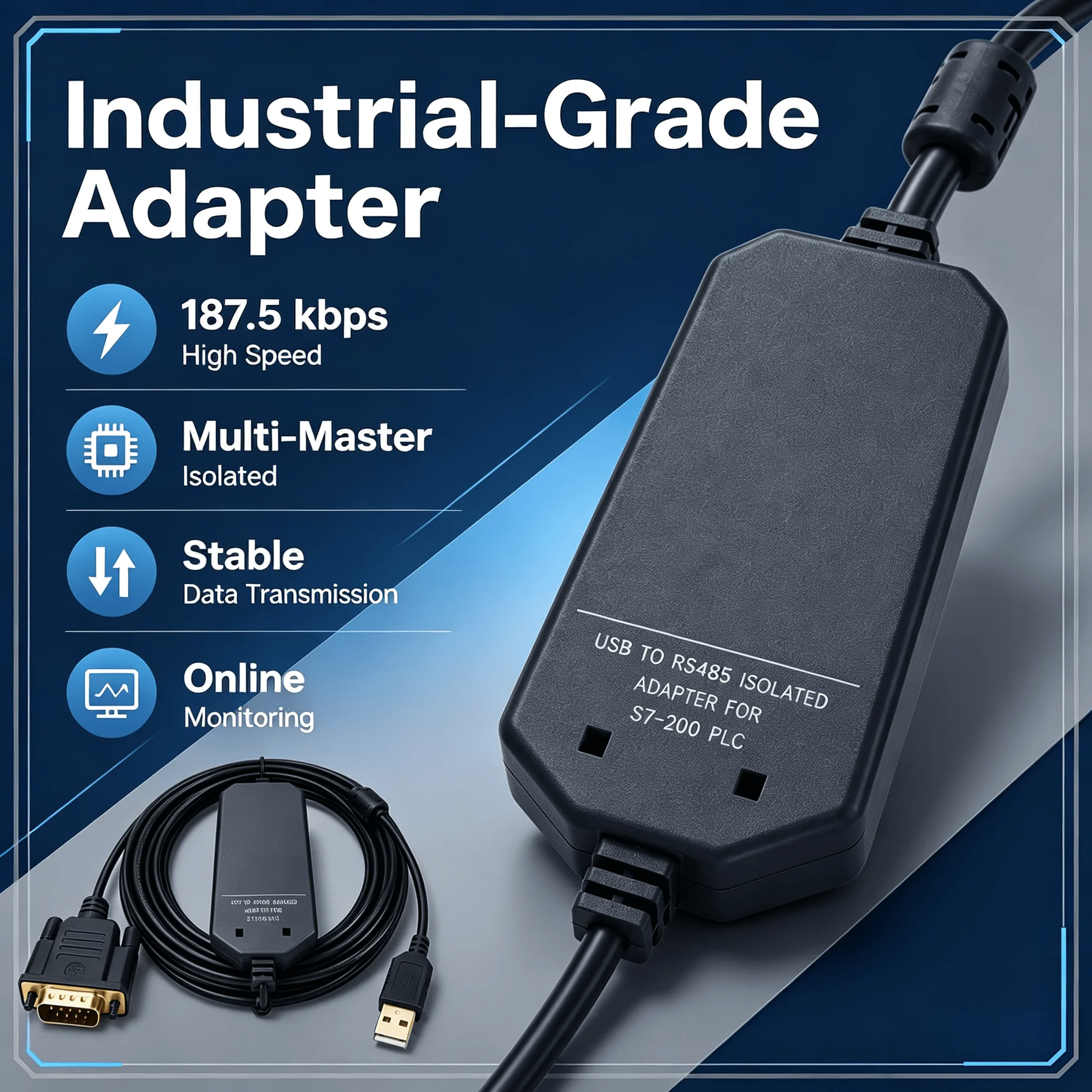 Driver-Free PLC Programming Cable 6ES7901-3DB30-0XA0 USB PPI 5M 187.5kbps Isolated for Siemens S7-200 S7-200CN SMART Controller