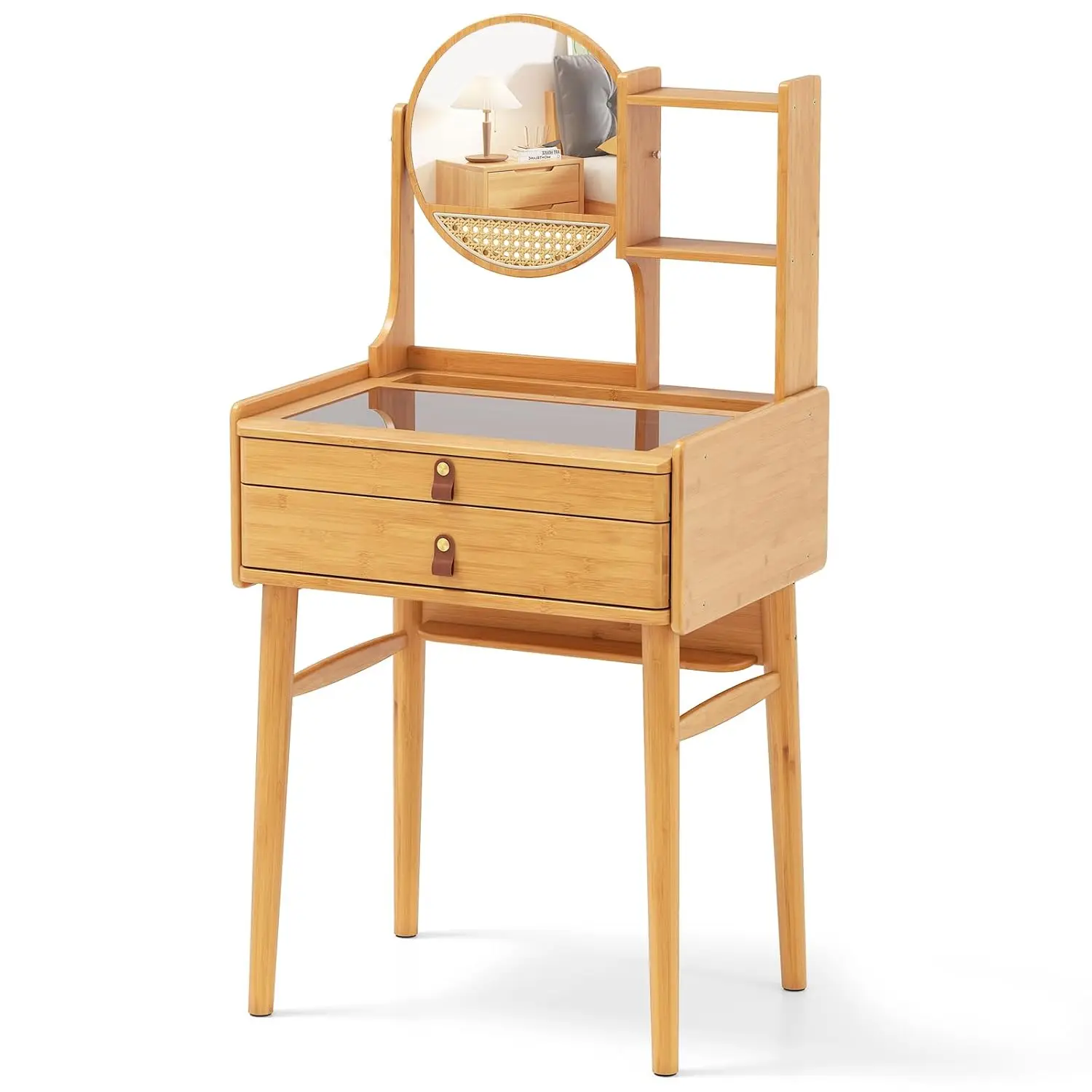 #Rotatable Mirror Bamboo Vanity Desk with Storage Drawers Shelves Tempered Glass Tabletop Bedroom Small Spaces