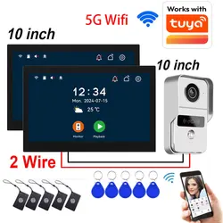 New 2 Wire Digital Video Intercom System 2pcs 10Inch WIFI Monitor 1080P Doorphone Camera Video Doorbell Card Tuya App Unlock
