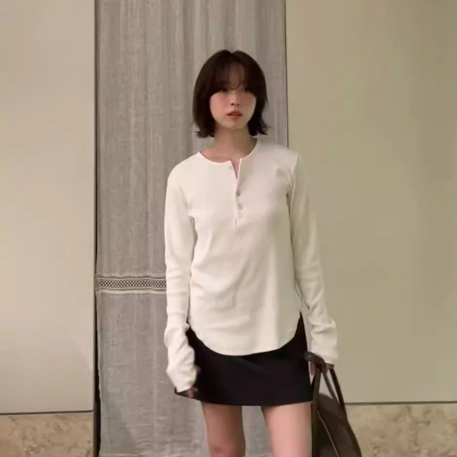 

Женская футболка Long Sve на пуговицах Ne U-образный подол в полоску для похудения, универсальная гладкая футболка Генри Ти очень