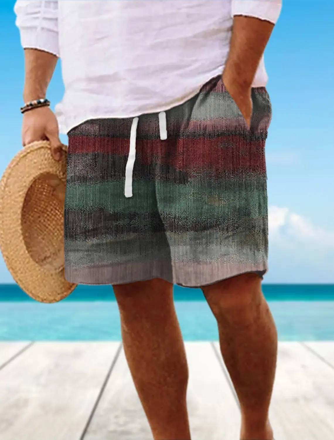 

Men's Spring Summer Boho Stripe Print Drawstring Shorts, Casual Beach Vacation Printed Loose Fit Bottoms