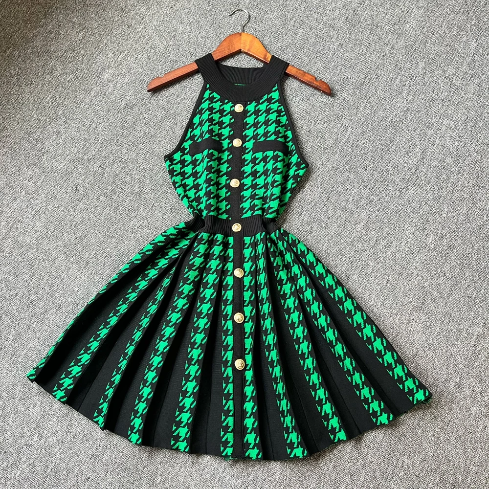 YuooMuoo ブランドファッション女性プリーツニットドレス 2025 夏 Y2K ノースリーブ鳥格子ショートドレスシックな女性パーティー Vestidos