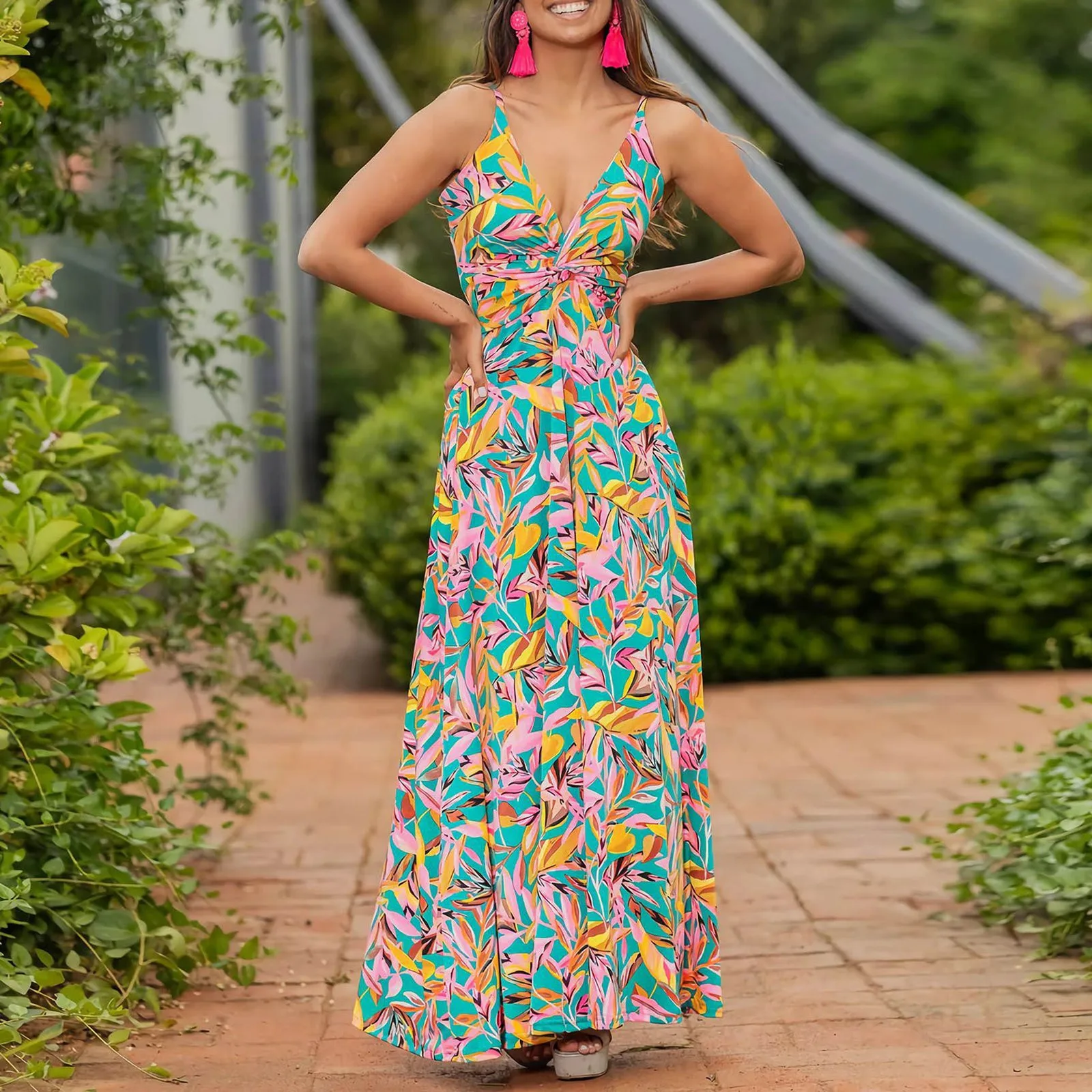 Vestido bohemio hasta el suelo para mujer, vestido largo con tirantes finos y espalda descubierta, vestido largo informal con nudo envuelto para vacaciones