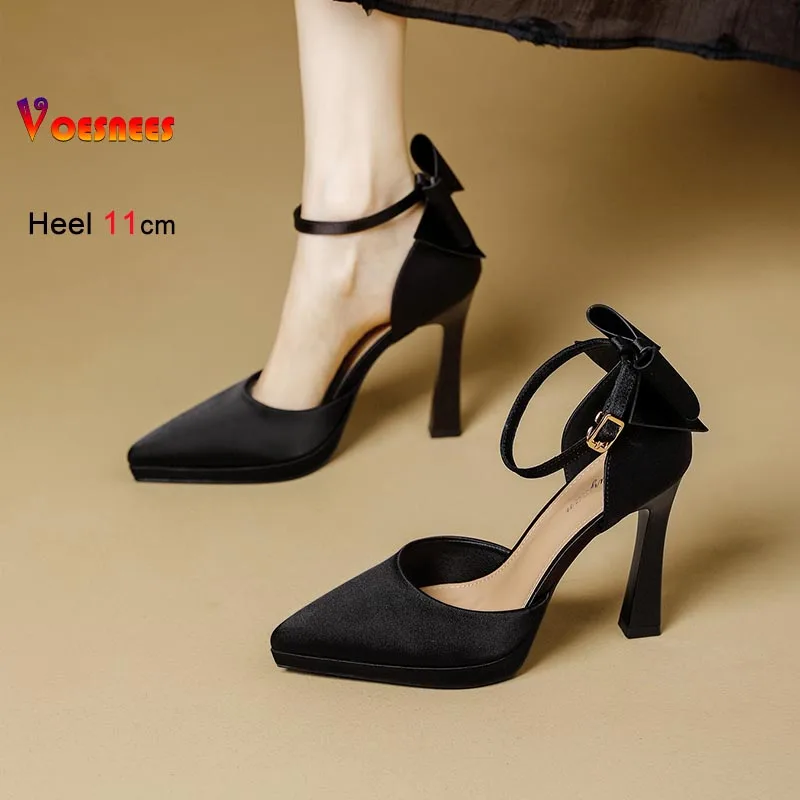 

2026 Sexy 11CM High Heels Women Sandals Fashion Satin One Word Strap Hollow Single Shoes Bowknot Decoration Party Ladies Sandals