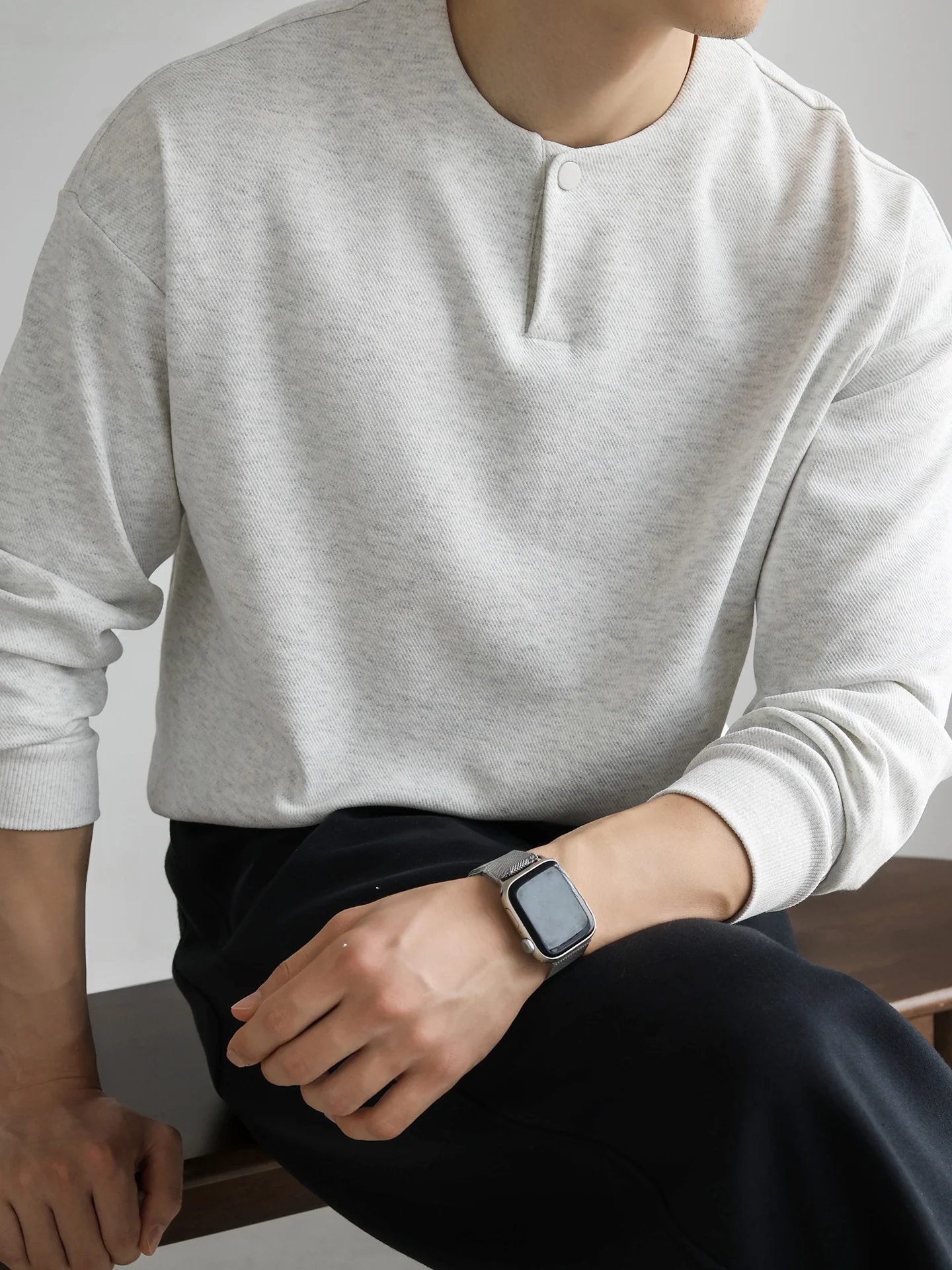 Men's Casual Long Sleeve T-shirt 3D Thick Weave Diagonal Pattern Single Button Wide Henry Collar Breathable Comfortable Cotto...