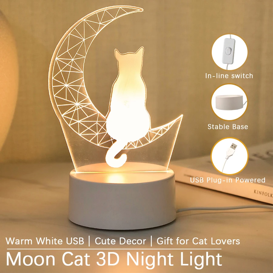1pc Moon Cat 3D Acrylic Night Light USB Warm White LED Lamp Cute Decor Gift for Cat Lovers Bedroom Desktop Decor