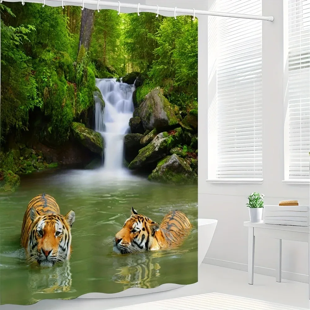 Summer Forest Waterfall Tiger Shower Curtain Greenery Nature Landscape Bathroom Decor Fabric Panel with Hooks Washable