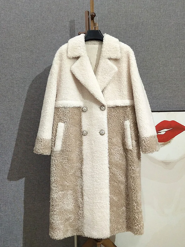 

[Special price]Double breasted suit collar, lamb fur coat, fur integrated coat, extended color block