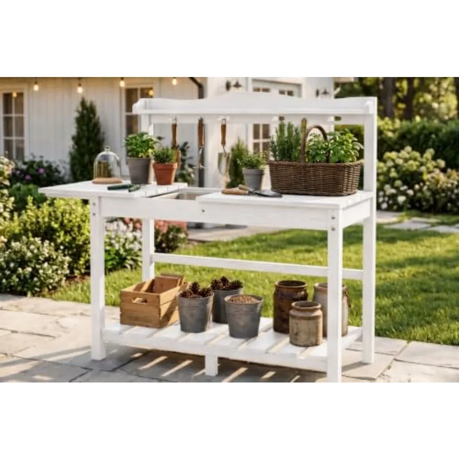All-Weather HDPE Outdoor Potting Bench with Removable Sink, Expandable Gardening Work Station with Sliding Tabletop, Built-in W