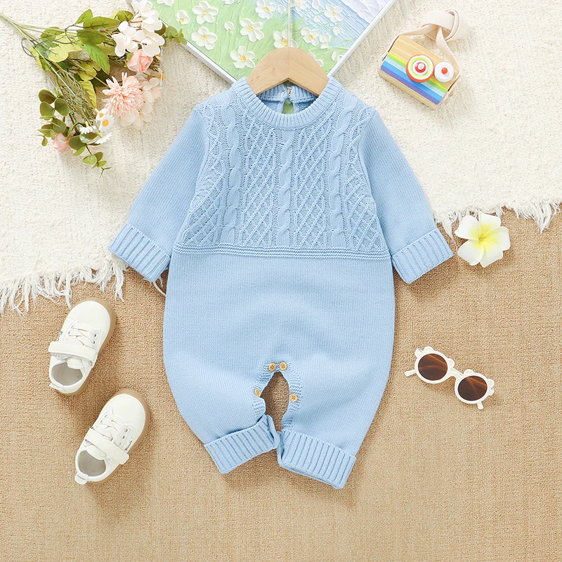 

Комбинезоны для маленьких мальчиков, осенне-зимние синие классические вязаные комбинезоны с длинными рукавами для новорожденных, цельные костюмы, верхняя одежда