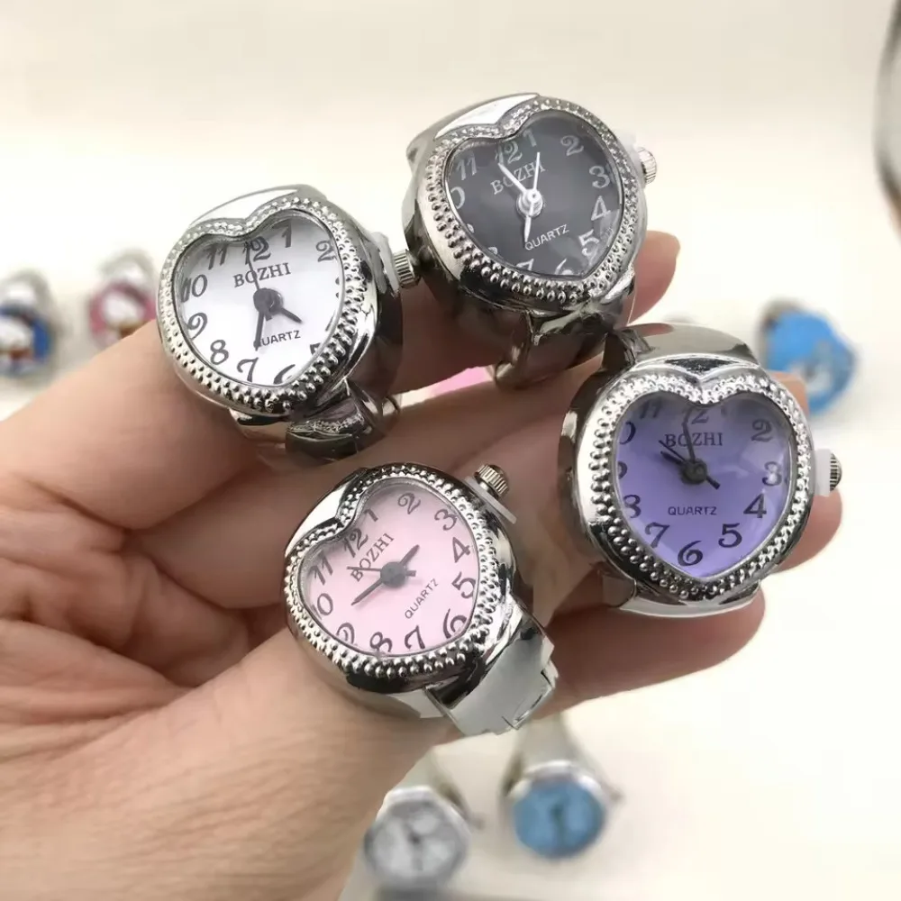 

Heart Design Mini Finger Watch Stainless Steel Italian Charm Link Ring Roman Numerals Quartz Watch Jewelry for Women Men Gift