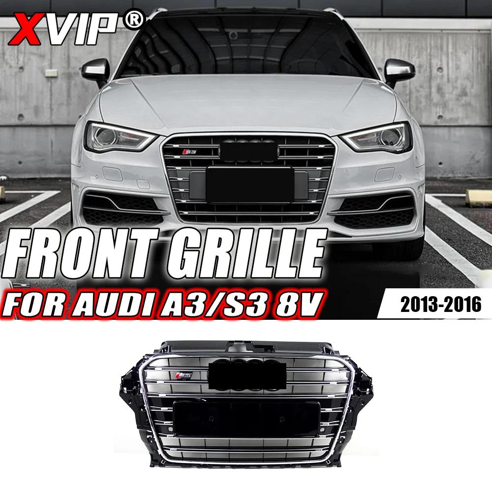 

XVIP S3 Style Grille Chrome Trim Grill Long Strips Fit For Audi A3 S3 8V 2013-2016 Chrome Silver Strip Style Front Bumper Grille