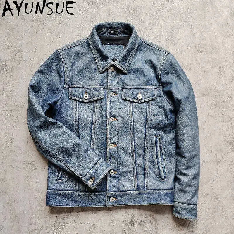 AYUNSUE 2026 Top Layer Cowhide Genuine Leather Jacket Men Vintage Winter 100% Real Leather Wan Short Turn-down Collar  Clothes