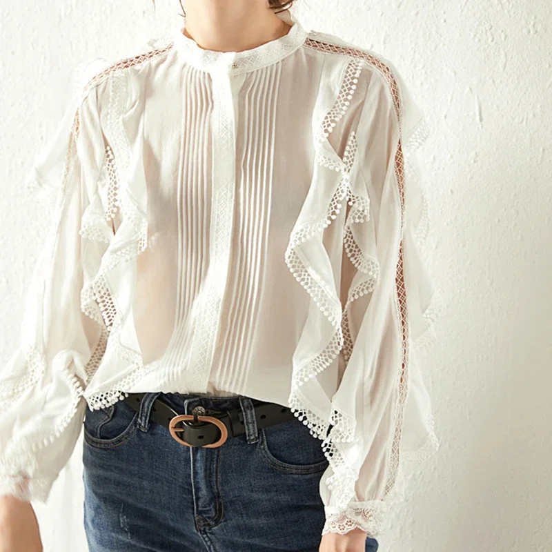 GypsyLady Vintage Chic French Blouse Shirt Autumn Hollow Out Sheer Women Blouse Long Sleeve Trims Ruffles Sexy Ladies Female Top