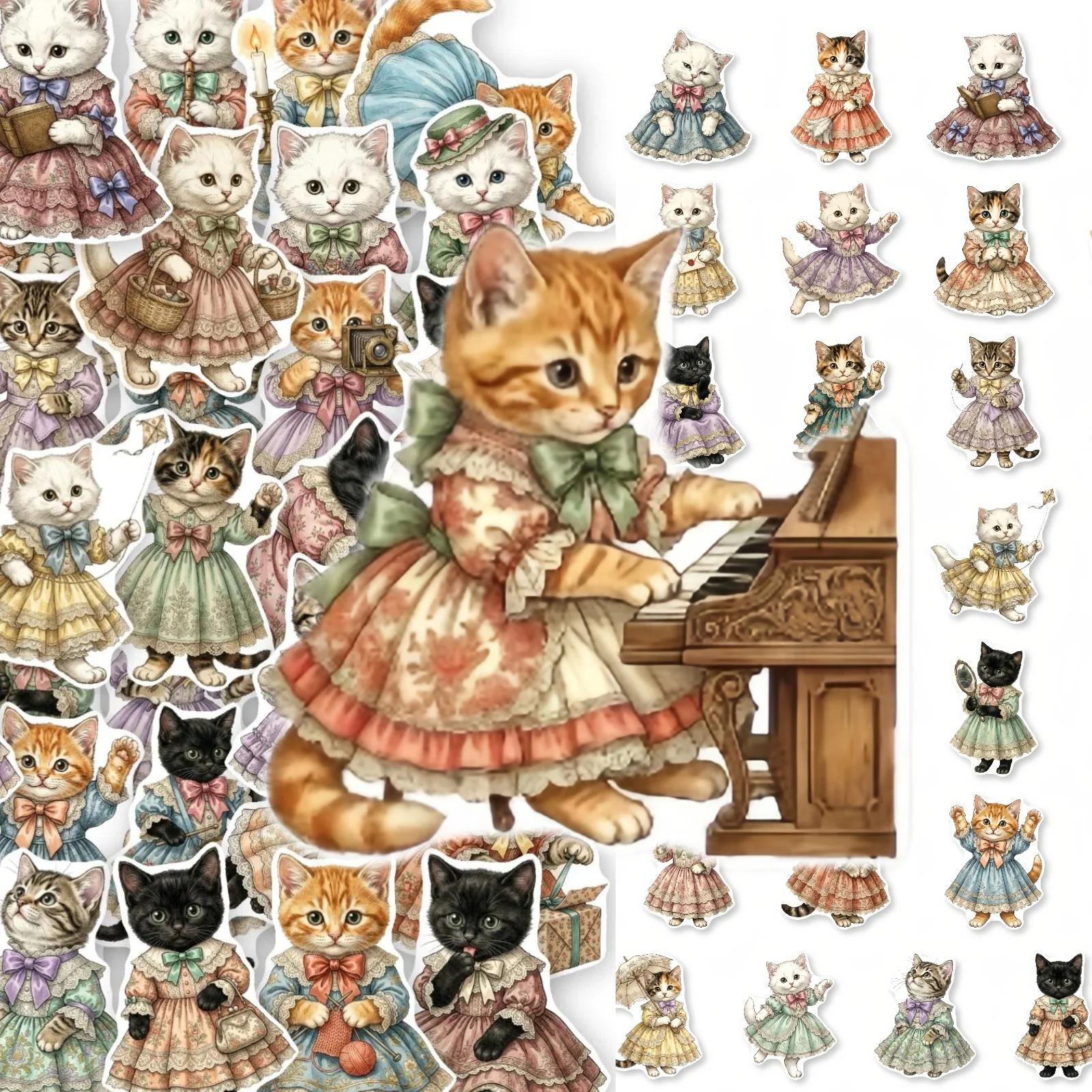 10/200Pcs Vintage European Palace Cat Stickers Lolita Dress Cat Hand Drawn Watercolor Waterproof Decals for Journal Laptop Gift