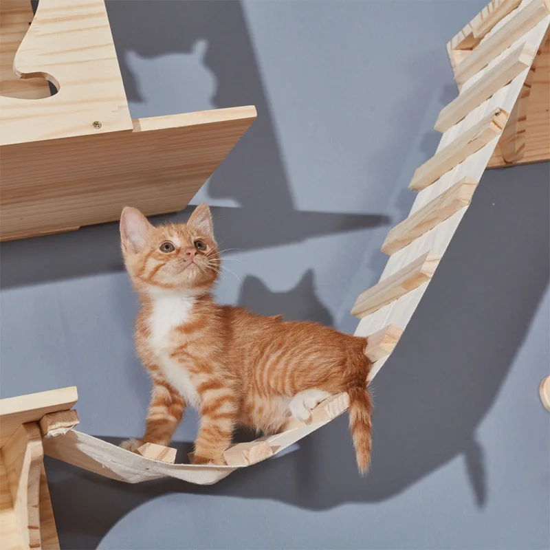 Wall Mounted Cat Shelves and Rope Ladder Scratching Post for Cat Furniture Wooden Jumping Platform Kitty Playing and Sleeping