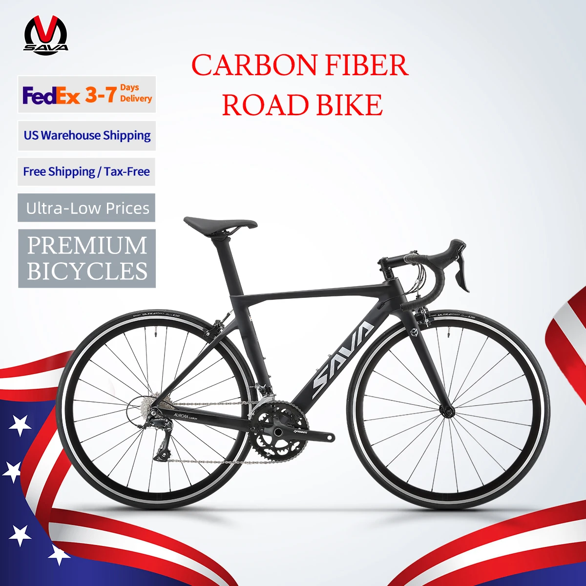 

Ships from US SAVA R09-R3000 Carbon Fiber Road Bike T800 Carbon Fiber Frame with SHIMAN0 SORA R3000 18 Speed Dual V-Brakes