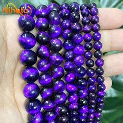 Natural Smooth Purple Tiger Eye Stone Round Loose Beads DIY for Jewelry Making Women's Charms Bracelets 15