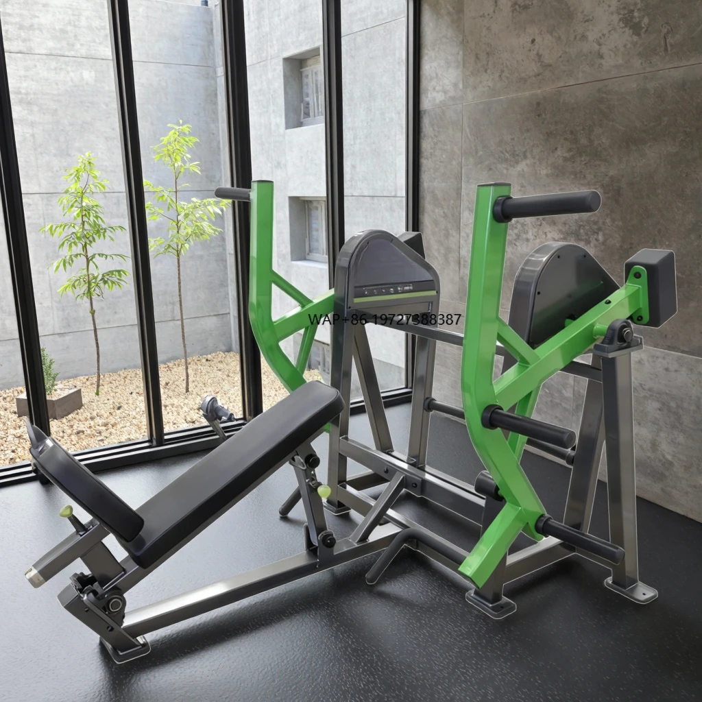 معدات الصالة الرياضية الاحترافية، لوحة ثقيلة محملة في صالة الألعاب الرياضية، آلة التجديف، تدريب القوة، رفع الطاقة، الصف المتطرف لصالة الألعاب الرياضية