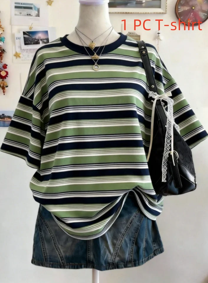 Playera casual de verano Y2K con estampado de rayas, corte holgado, cuello redondo y hombros caídos para mujer, estilo deportivo urbano 2
