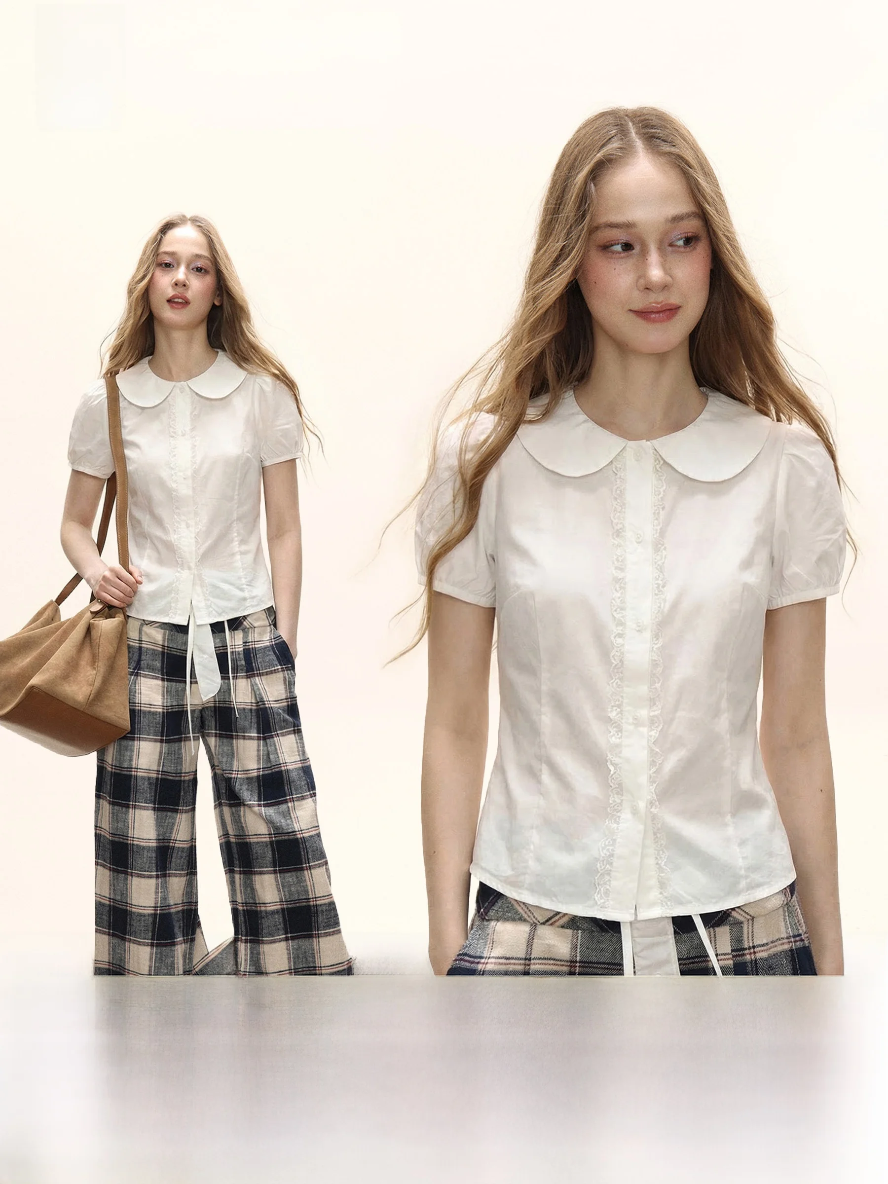 

Белая женская летняя рубашка с кружевным воротником и рукавами-фонариками, приталенная, в корейском стиле, с коротким рукавом, повседневная