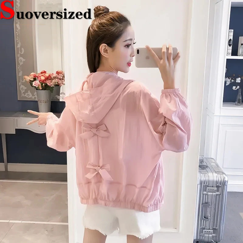 

Chic Bowknot Sun Protection Jackets Summer Thin Hollow Out Chaquetas Loose Hooded Women's Outerwear Casual Short Design Coats