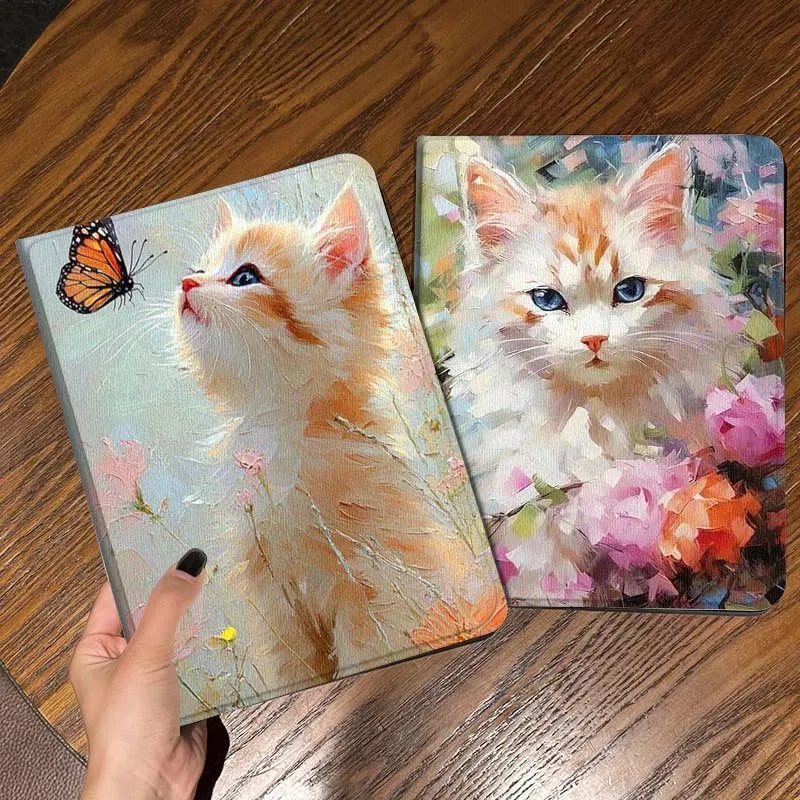 

Flower Oil Painting Cat Gift For iPad Pro Air Mini 2 3 4 5 6 7 6th 7th 10th 11th 10.2 9.7 10.5 11 Foldable Tablet Case