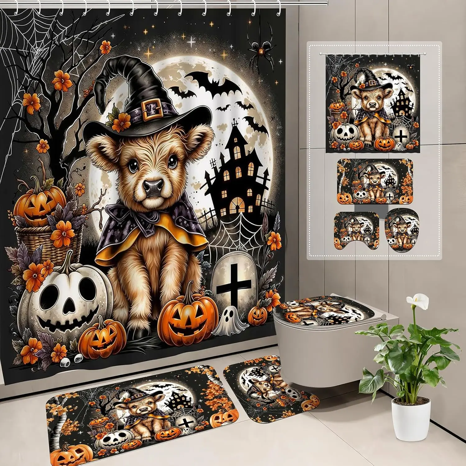 Halloween Shower Curtain Set with 72x72 Inch Bath Mat, U-Shape Rug, Toilet Cover & 12 Hooks - Witch Calf Spooky Decor
