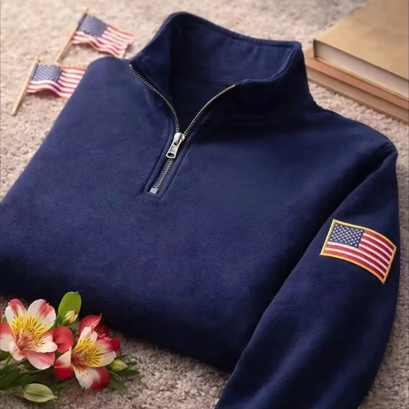 American retro lapel sweatshirt quarter-zip Polo shirt Y2k classic stand-up collar casual sweatshirt tops for men and women