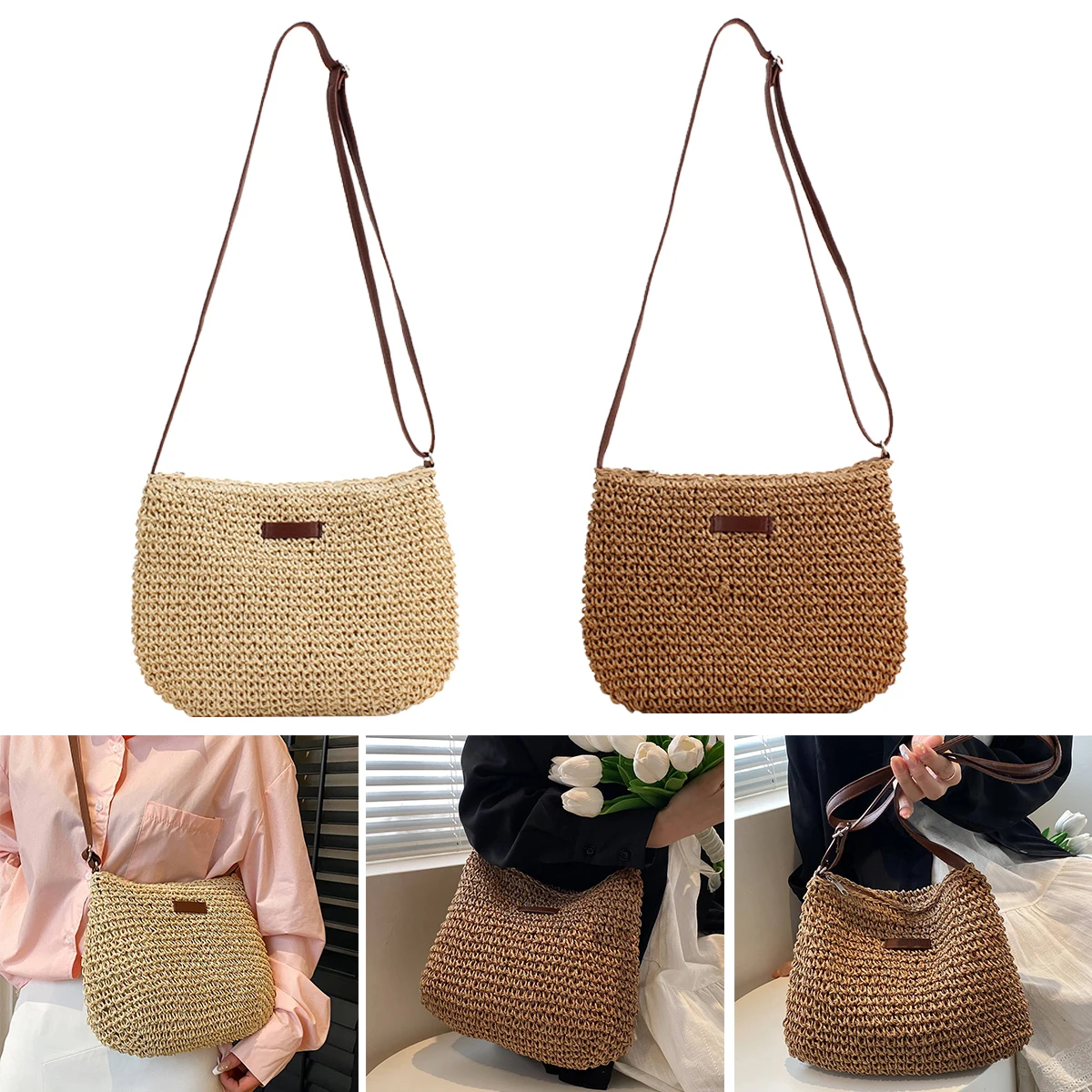 New Fashion Ladies Summer Straw Crossbody Bag Women Beach Holiday Shopping Woven Shoulder Handbag Purse Ladies Casual Wicker Bag