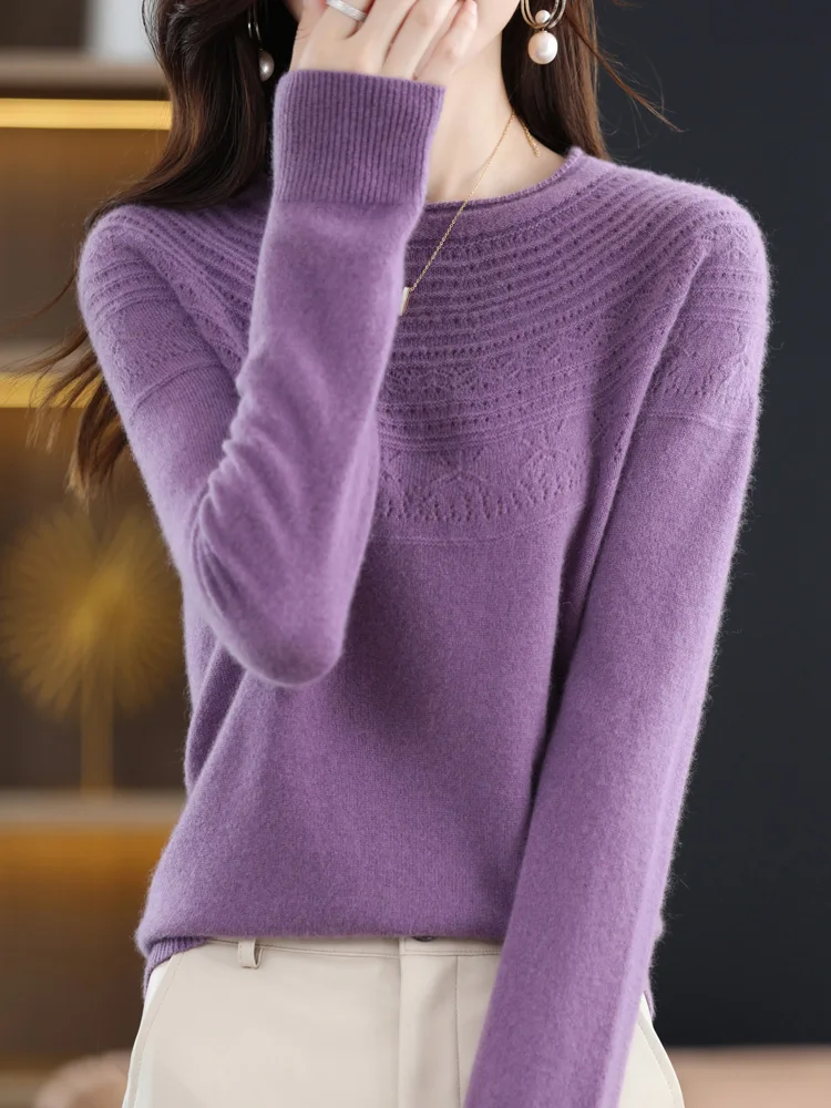 

Women Basics Cashmere Sweater O-Neck Hollow Pullover 100% Merino Wool Knitwear Autumn Winter Female Grace Soft Knitting New Top