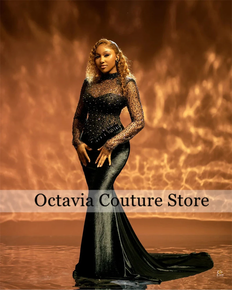 

Aso Ebi Black Bead Crystal Evening Dresses Sequin O Neck 2024 Birthday Luxury Dress Full Sleeve Party Gown Customized