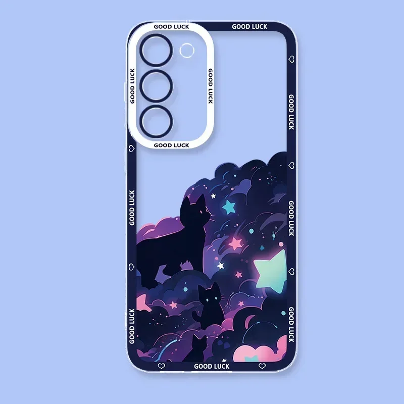Lustige Künstlerische Schwarze Katze Sternenhimmel Handyhülle für Samsung Galaxy S26 S24 S23 S22 S25 Plus Ultra Transparente Hülle S23+ S22+ S24+ Schutzhülle